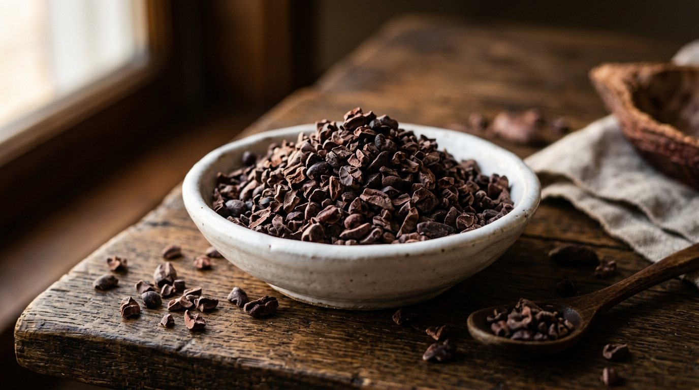 Crunchy cocoa nibs from crushed cocoa beans