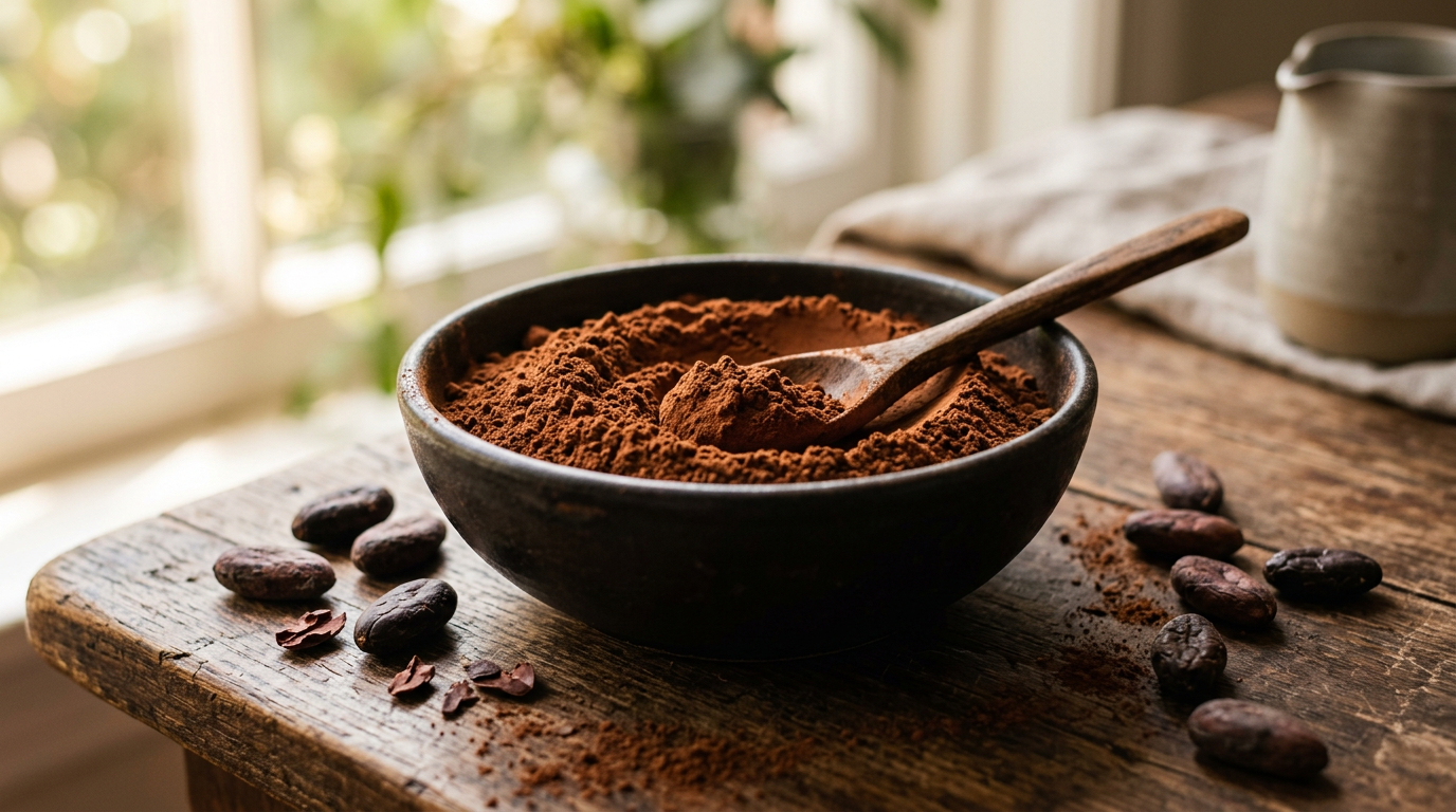 Natural cocoa powder in a ceramic bowl